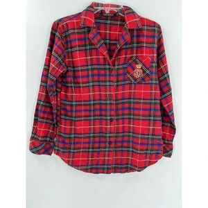 Lauren Ralph Lauren Womens Red Plaid Black Label Flannel Pajama Top Shirt Small